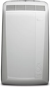 Aire acondicionado portátil Delonghi con ruedas, rejillas en la parte superior.