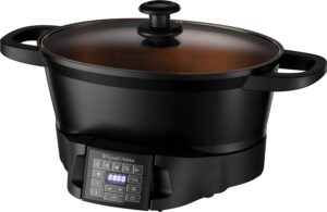 Arrocera Eléctrica Russell Hobbs tipo cacerola, negra, botones de presión y displey digital, con dos asas.