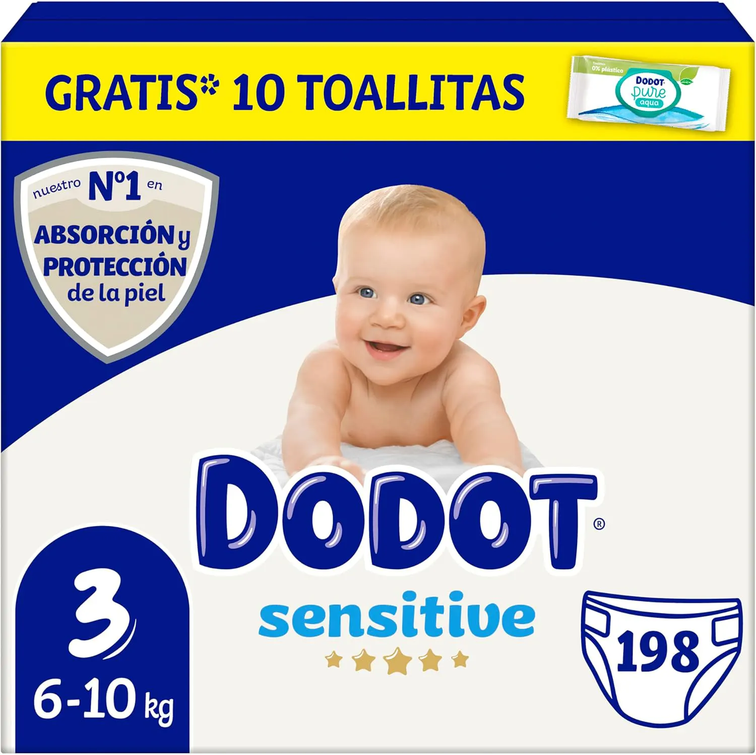Dodot Pañales Bebé Sensitive, Talla 3 (6-10 kg), 198 Pañales + 1 Pack de 10 Toallitas Gratis de Aqua Plastic Free, Nº1 en Protección de la Piel de Dodot, Pack Mensual