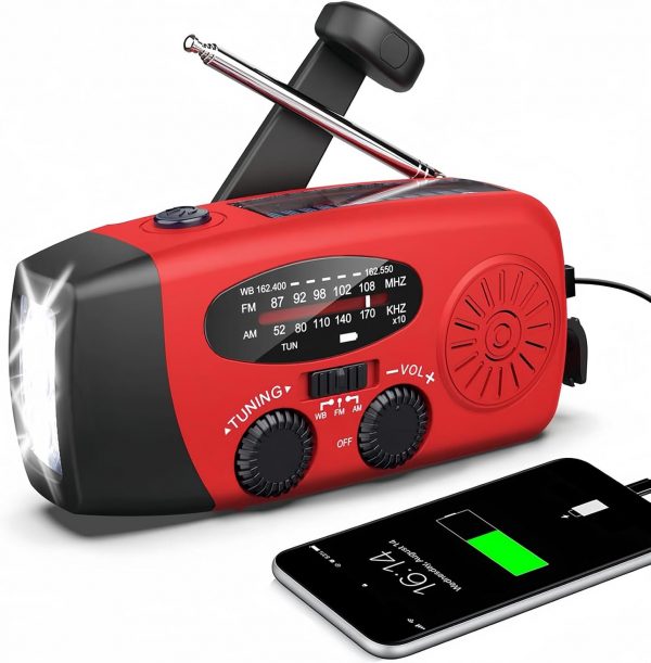 Radio solar portátil con tiempo AM/FM/NOAA, generador de man...