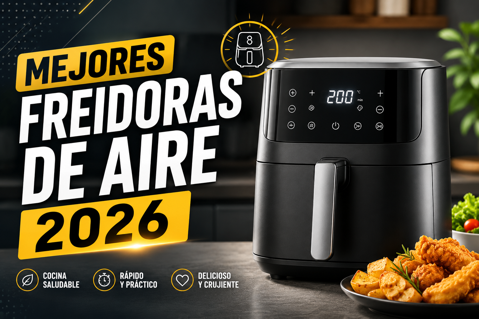Freidora de aire moderna con texto ‘Mejores freidoras de aire 2026’ en diseño de imagen destacada para blog